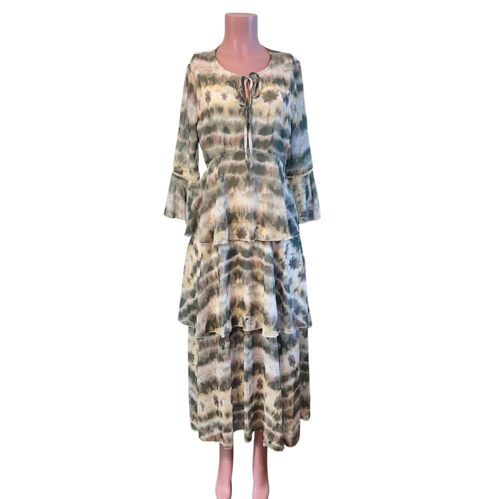 ModX Tired Midi Dress Woman’s Sz MD Green Chiffon Bell Sleeve Lined Boho